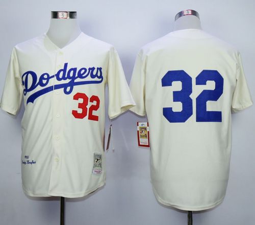 Mitchell and Ness Dodgers #32 Sandy Koufax Cream Throwback MLB Jersey
